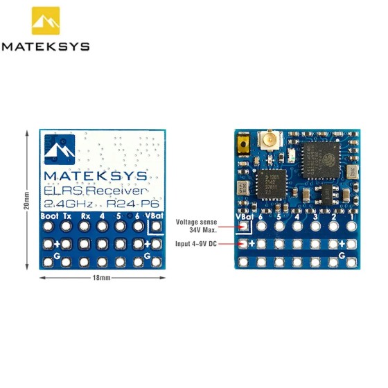 Original MATEK ELRS-R24-P6 R24-P6 EXPRESSLRS 2.4GHz PWM Antenna Connector Support 2~8S VBat Voltage RC Drone Parts